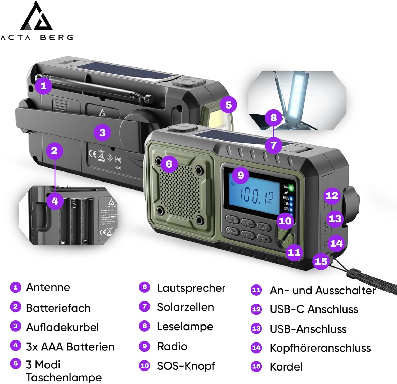 Notfallradio mit Weltempfänger — Armee Grün Bild 2